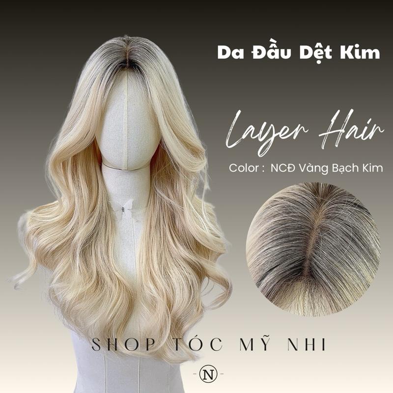 Tóc Giả Mỹ Nhi Xoăn Layer Nhuộm Chân Tóc Vàng Bạch Kim Dài 60cm x-dk1-0111 Da Đầu Dệt Kim Platinum Blonde
