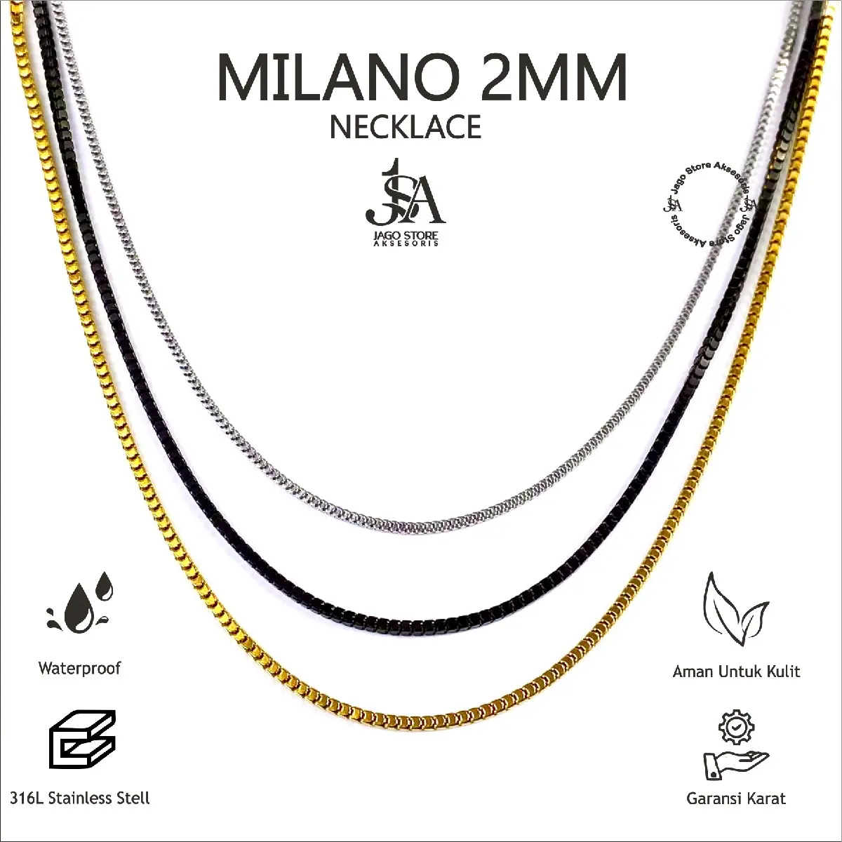 Kalung Titanium Milano 1,7 mm dan 2mm Anti Karat Aksesoris Wanita Laki-laki Dewasa Rantai