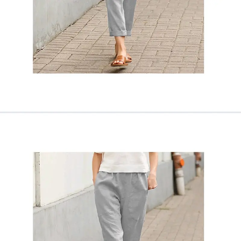 celana 7/8 santai bahan katun linen impor,pinggang karet celanakulot Coklat Kaki Coklat Kaki baju  harian Abu Putih Wanita Hitam Biru 3