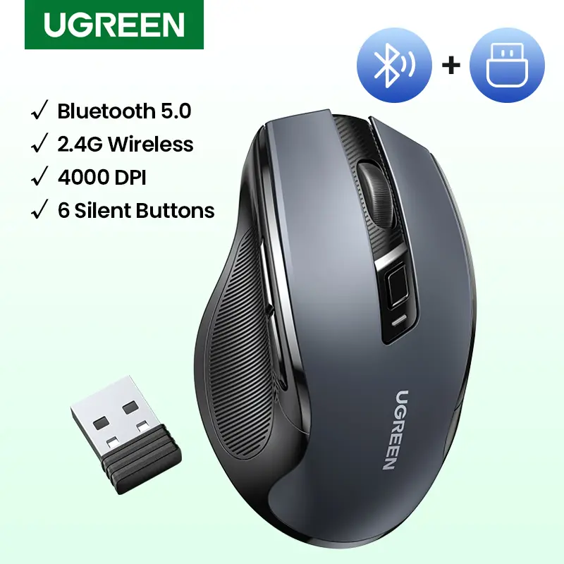 Chuột không dâyUGREEN Bluetooth 5.0, 2.4G, đa chế độ, cần  xài pin A A  (sản phẩm không  có  tặng pin), nút im lặng, 90855 0
