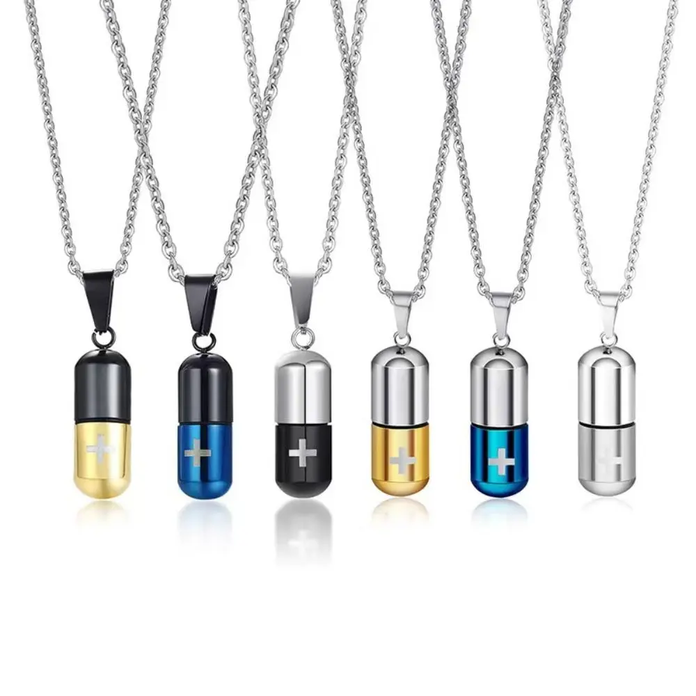 New Stainless Steel Capsule Pill Pendant Necklace Women Men Cross Engraved Hollow Pill Necklace Can Open Cremation Urn Pendant Drift Bottle Pendant