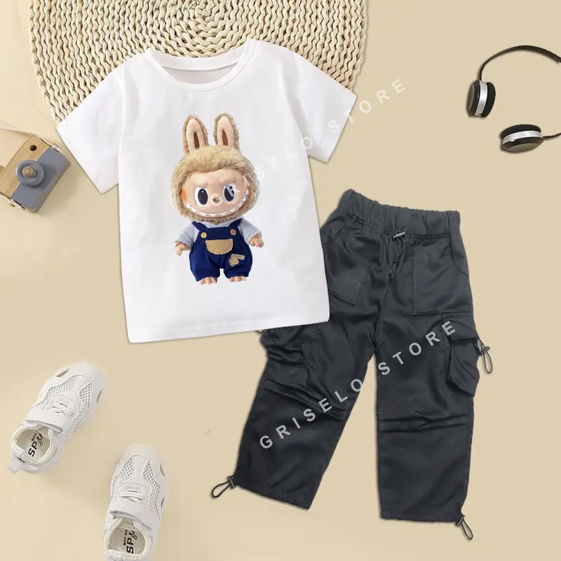 One Set Setelan Anak Perempuan Yoona Cargo Pants dan Kaos Karakter Lucu Usia 1-13 Tahun Unisex 5