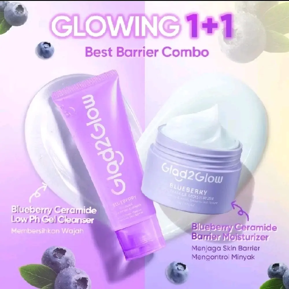 [BUNDLING MOISTURIZER DAN CLEANSER] Glad2Glow Blueberry Ceramide Low pH Gel Cleanser sabun cuci muka facial wash Acne Prone Skin Friendly Facial Wash DAN moisturizer Blueberry  Melembutkan Membersihkan Mencerahkan Wajah Berjerawat Kering Pencuci glad glow