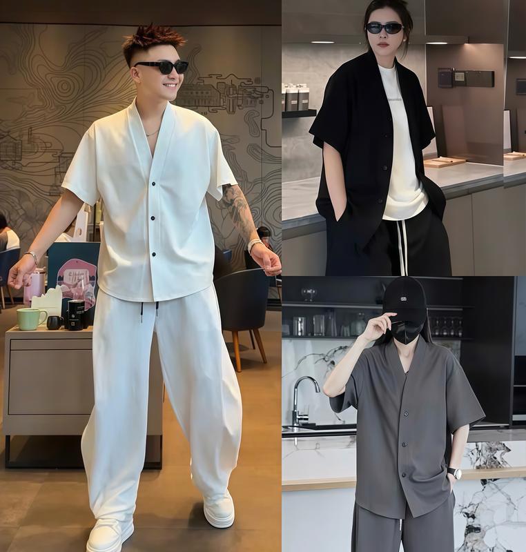 SET BỘ QUẦN DÀI ÁO SƠ MI CỘC TAY Nam Nữ Thiết kế cổ Hàn vải thun Cotton gân đũa dày dặn phong cách trẻ trung