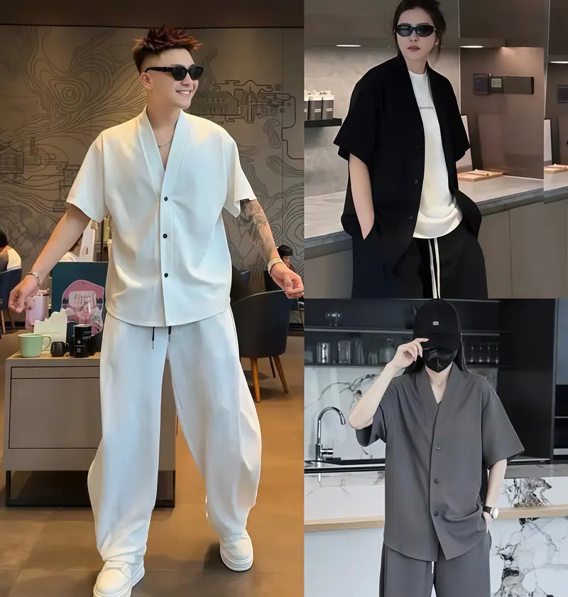 SET BỘ QUẦN DÀI ÁO SƠ MI CỘC TAY Nam Nữ Thiết kế cổ Hàn vải thun Cotton gân đũa dày dặn phong cách trẻ trung