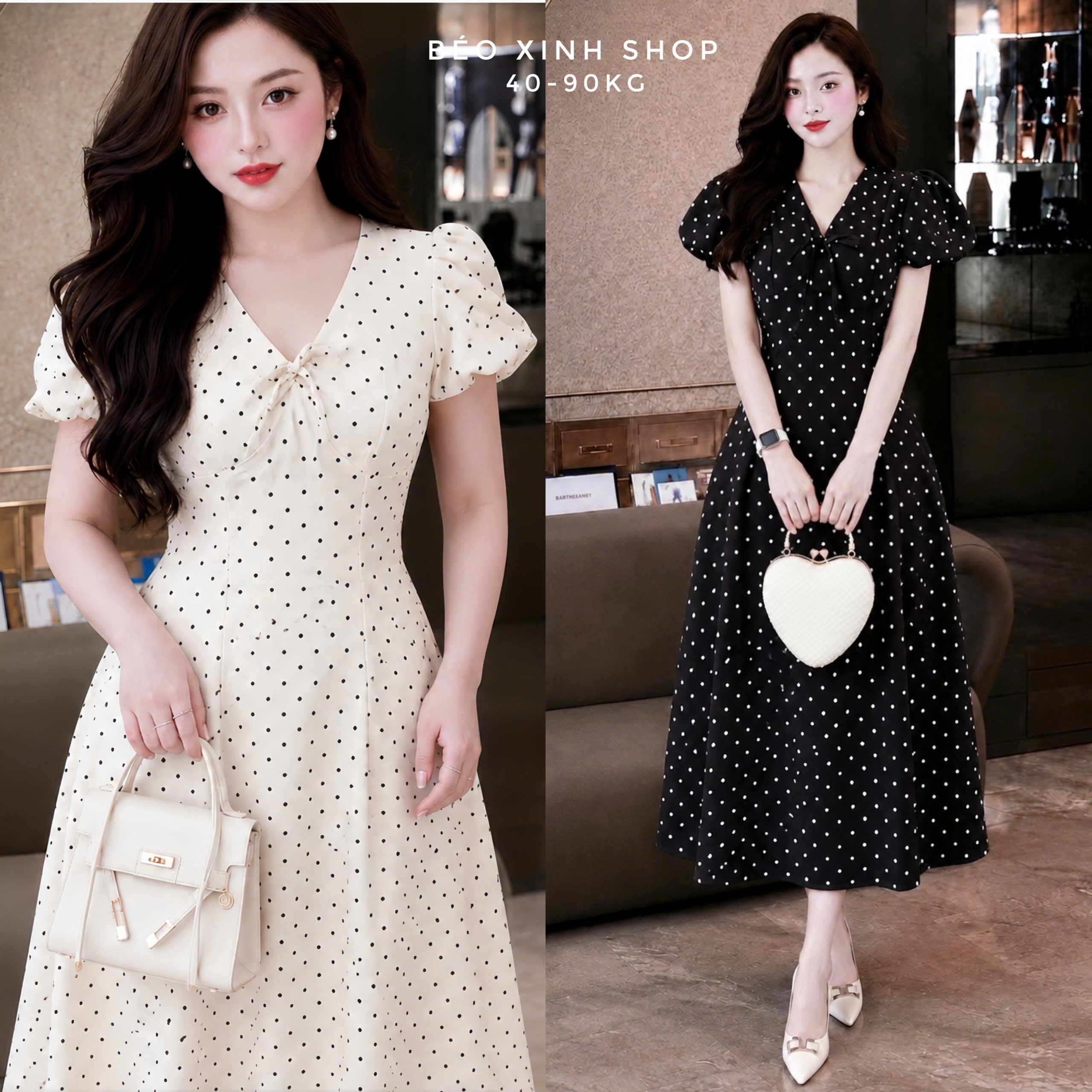 Váy Maxi Chấm Bi Vintage Tay Bồng Nơ Ngực Form Xòe Có Bigsize 40–90kg Béo Xinh Shop - B.1863