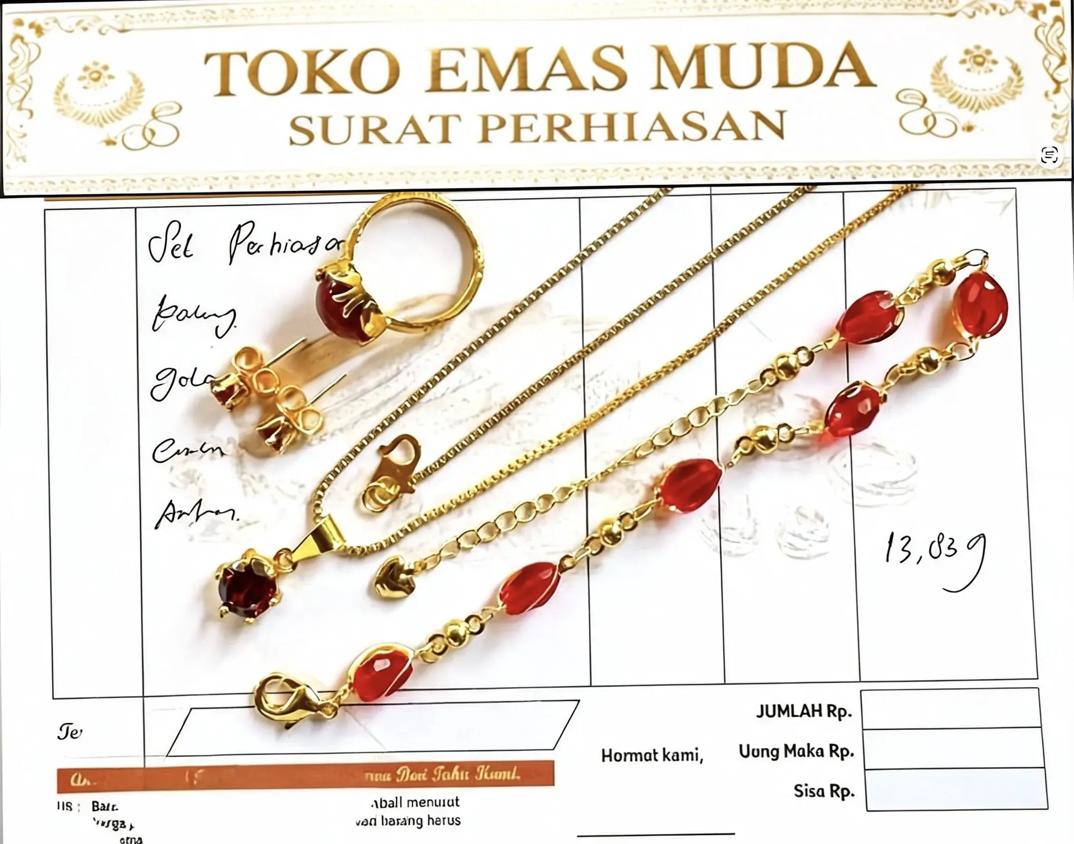 Set Perhiasan Permata Giok Merah Perhiasan Wanita Premium Elegan Light Gold