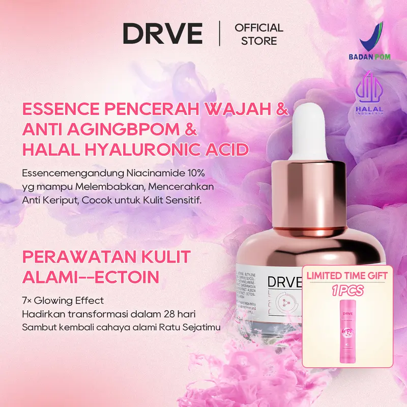 DRVE Essence 1 Pencerah Wajah & Anti Aging - BPOM & Halal Hyaluronic Acid Essence mengandung Niacinamide 10% (FREE MASK) yg mampu Melembabkan, Mencerahkan, Anti Keriput, Cocok untuk Kulit Sensitif. Perawatan Hyaluronic Hitam Kering 0