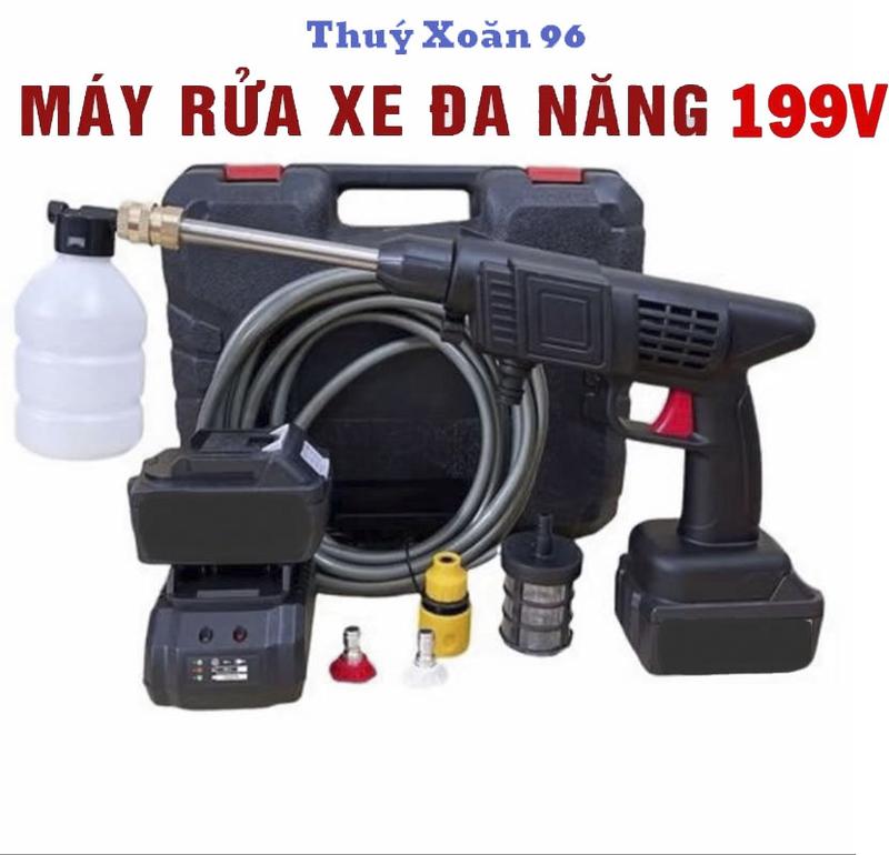 Máy rửa xe pin 199V .Máy xịt rửa sân vườn máy xịt rửa cao áp có bình tạo bọt tuyết . Động cơ lõi đồng máy rửa xe không dây máy phun sương tươi cây dễ dàng sử dụng . Phù hợp với mọi gia đình.