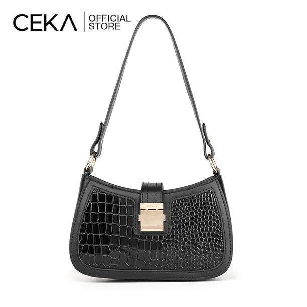 CEKA Tas Wanita Shoulder Bag Tas Underarm Bag Shoulder Bag Bahu Kulit Croco Hitam - Laila Handbag