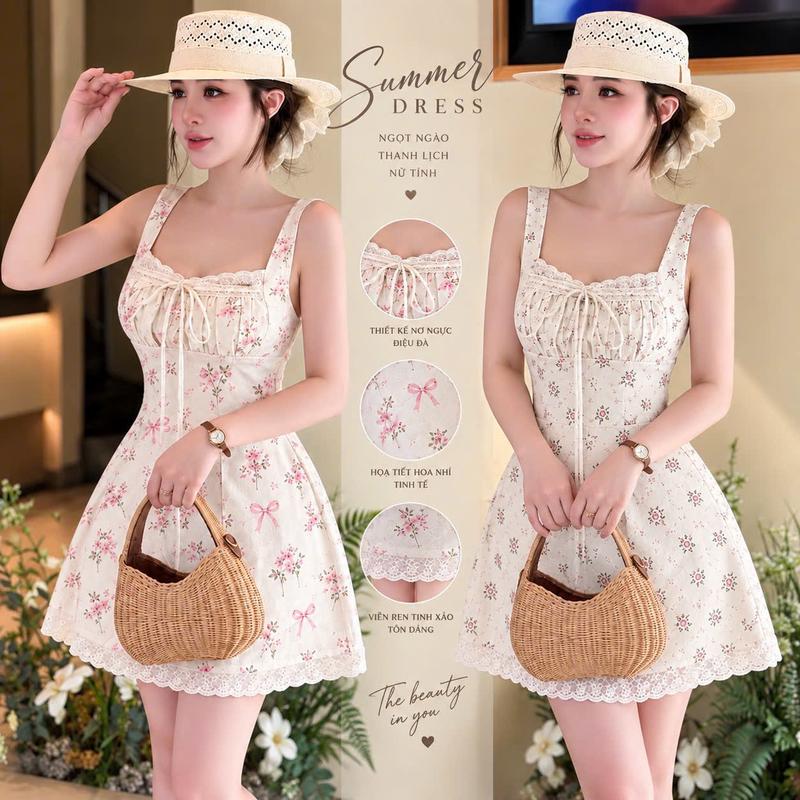 Váy Hoa Nhí 2 Dây Viền Ren Dáng Ngắn Chữ A Dress Nữ Top Women.( LƯU Ý KO KÈM QUẦN TRONG )