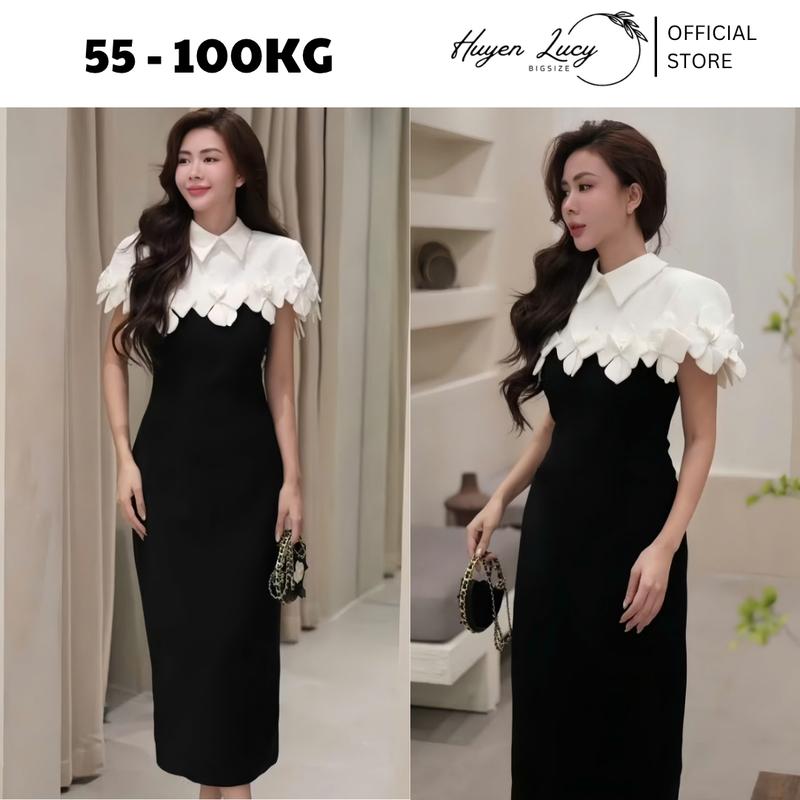 SET VÁY 2 CHI TIẾT VÁY 2 DÂY ĐEN PHỐI ÁO CHOÀNG HOA CỔ SƠ MI đầm nữ bigsize sang trọng thanh lịch đi tiệc đi cưới có size tới 100kg Huyền Lucy Bigsize