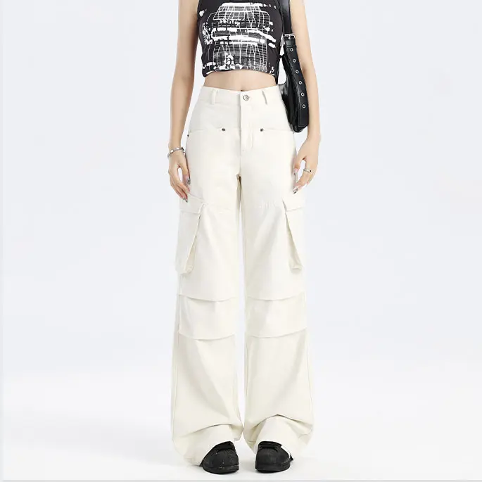 Celana Jeans Wanita Highwaist Cargo Jeans Fashion Kulot Loose Krem