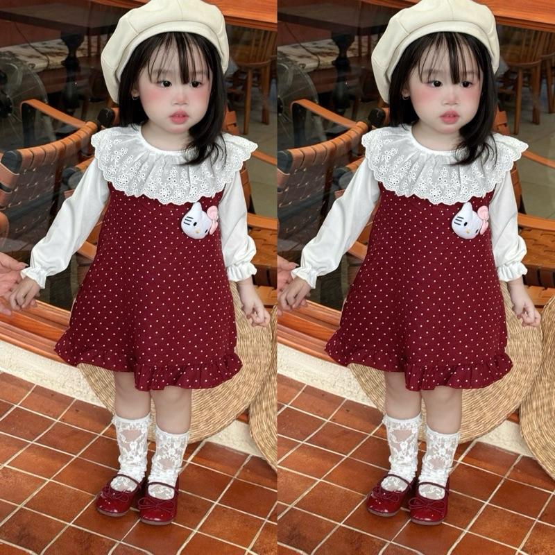  |Mekembean X Tặng Charm Kitty| Set váy yếm tiểu thư thư cổ ren Kitty siêu xinh cho bé gái   1 áo + 1 yếm  