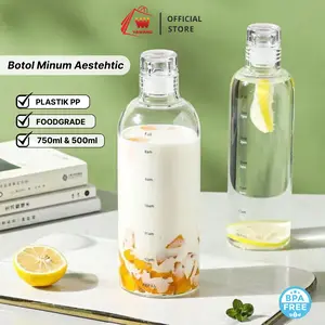 YAWANG Botol Minum Aesthetic 750ml & 500ml BPA Free Food Grade Plastik PP Transparan dengan Time Marker Multifungsi untuk Air Putih & Infused Water