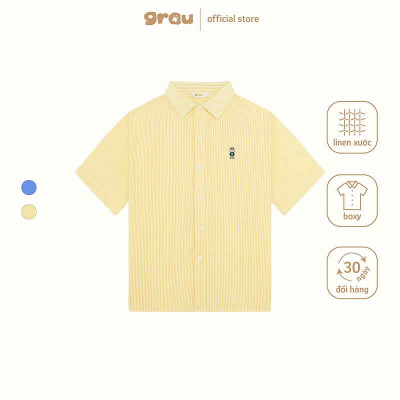 Áo Sơ Mi Sọc Grau Form Boxy Tay Ngắn Linen Logo Thêu