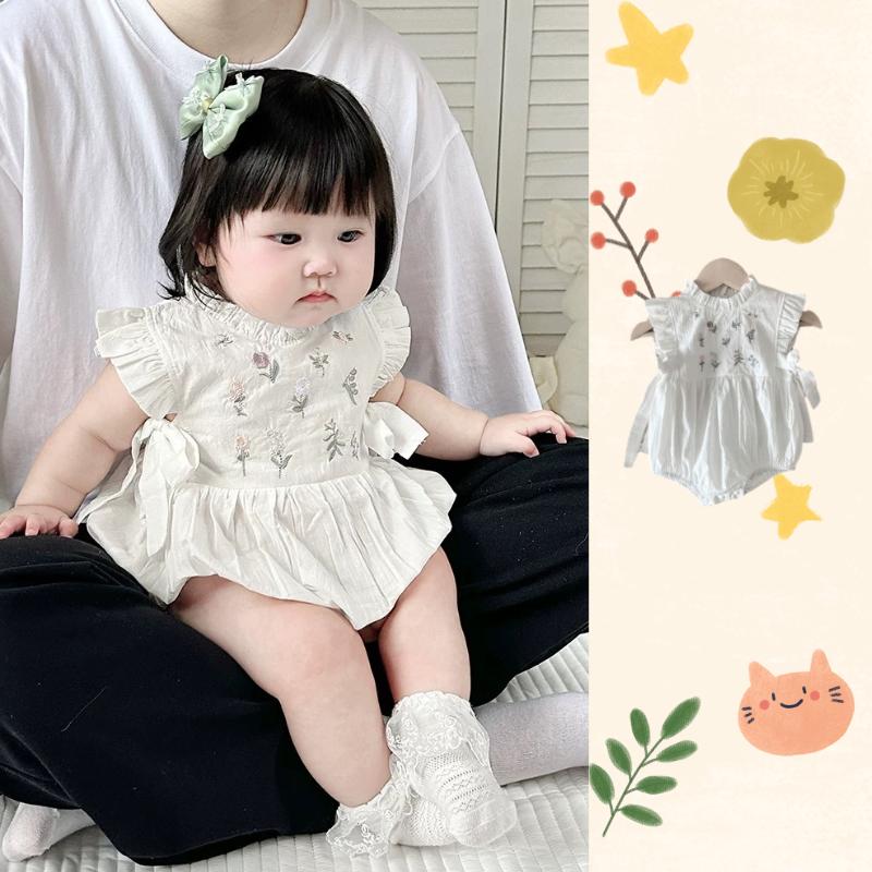 Mùa hè bé jumpsuit hoa thêu bé bodysuit thoáng khí trẻ sơ sinh bé gái quần áo 0-2 năm bé quần áo
