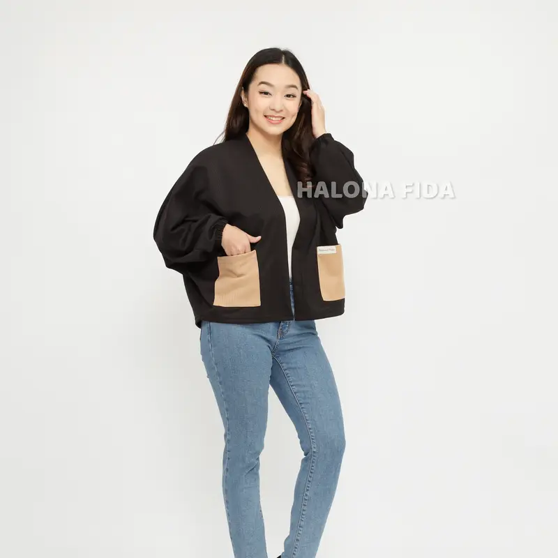 Cardigan Lona Outer Atasan Wanita Batwing Oversize Kelelawar Polos Kantong Kanan Kiri Two Tone Premium 3