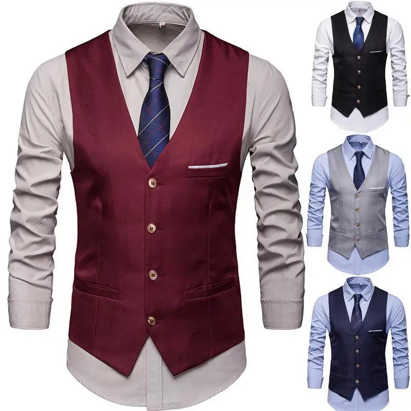Product Introduction of Okamoto men's fashion suit vest, single breasted plain color V-neck formal jacket men suit jacket 4