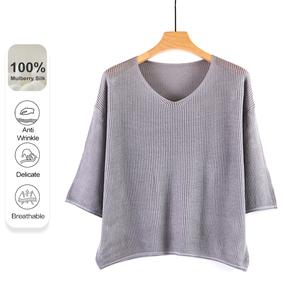 MuMeng [100% Mulberry Silk] Drape Quick Dry Half-sleeved V-neck T-shirt for women, Solid Color Slim fit Top for Summer Anti-Wrinkle Breathable5173