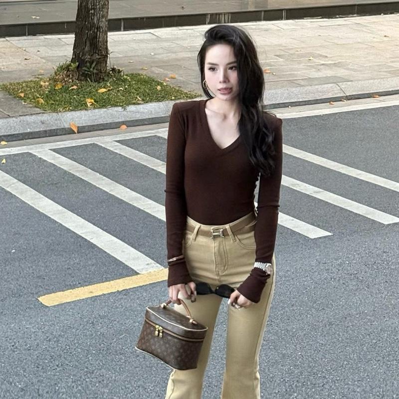 Áo Cổ Tim Dài Tay Có Lót Lông Có mút Độn Vai nữ women dáng áo Ôm Body Thắt Eo Gọn Dáng 611