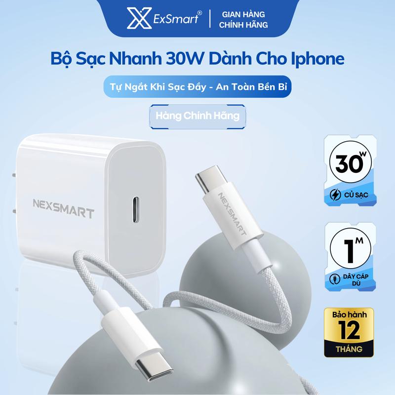 (DEAL 1K KIMTRON) ExSmart Bộ Sạc Nhanh IP 30w Type C 15 trở lên An Toàn Không Nóng Cáp Bọc Dù Chống Gãy Gập Độ Bền Cao Tốc Độ Nhanh 60% trong 30 phút Bảo Vệ Pin An Toàn Cho Điện Thoại