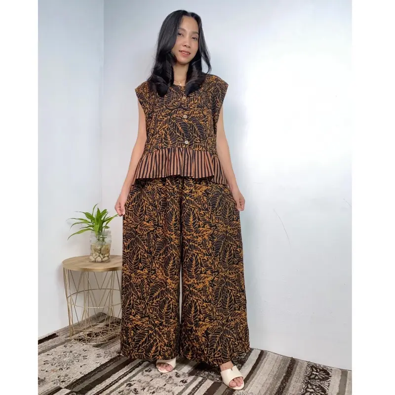 MEYDEND - Oneset Maheswari Setelan Wanita Dewasa Batik Cap Kombinasi Lurik Celana Kulot Panjang Lengan Kutungan Busui Friendly