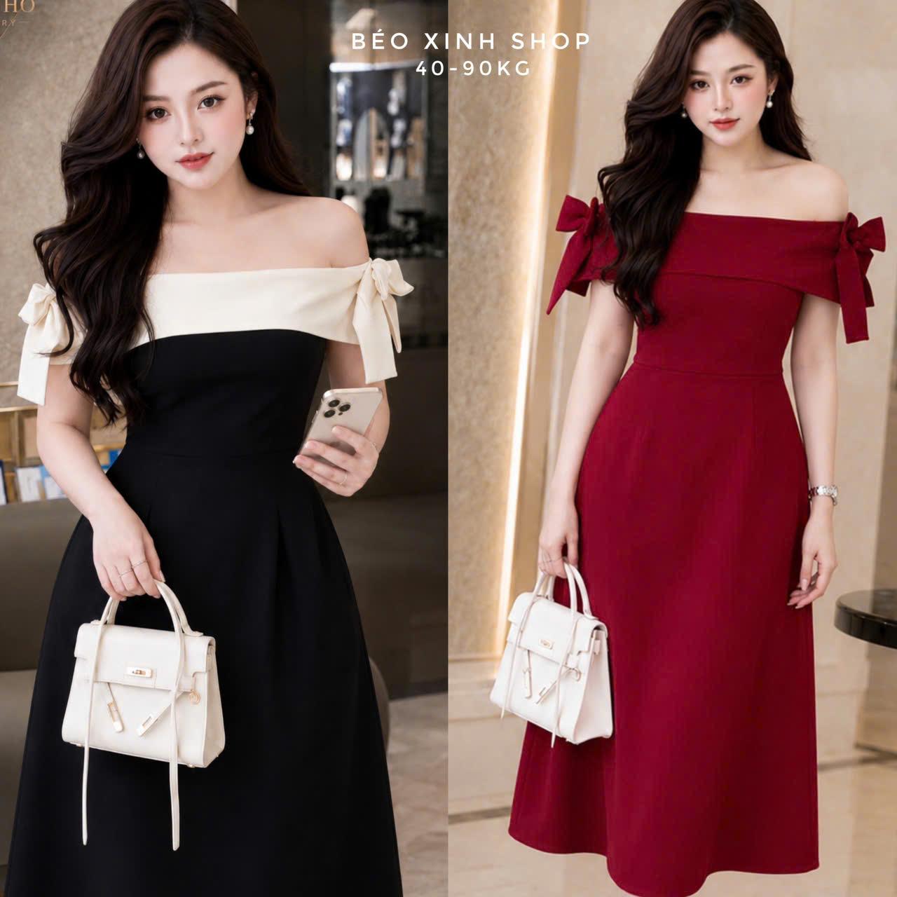 Váy Trễ Vai Nơ Tay Dáng Xòe Chất Tuyết Mưa Cao Cấp, Đầm Dự Tiệc Đi Chơi Bigsize 40-90kg - A.1841