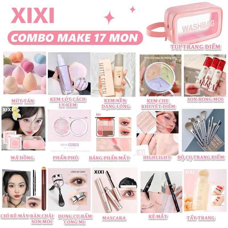 Bộ Trang Điểm, XiXi, 17 Mảnh, Bao Gồm Phấn Mắt, Kem Che Khuyết Điểm, Highlight, Mascara, Chì Kẻ Mày, Kẻ Mắt, Cọ Trang Điểm, Son Môi, Phấn Đánh, Túi Trang Điểm