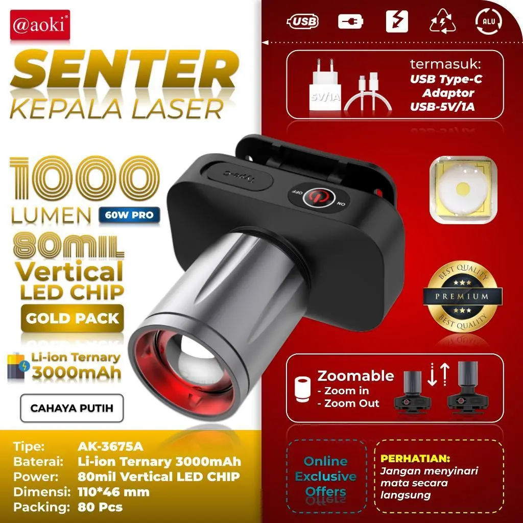 Senter Kepala Zoom 60 Watt 1000 Lumen Aoki AK-3675A/AK-3576K Pro Cahaya Putih Dan Kuning Headlamp Batre 3000mAh Tahan Hingga 50 Jam Plus RechargePro dengan USB-C, 60W Fokus & Penyebaran Zoom 1000 Lumen