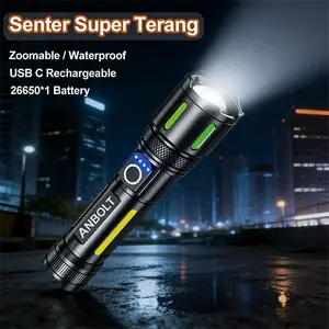 Anbolt Senter LED ultra terang M26 Pro+jam tangan pintar gratis, senter berkemah jarak jauh tahan air, senter zoom 90,000 lumen, gratis baterai 26650+ pengisian daya TypeC Hitam Lampu Putih Usb Senter sorot jarak jauh  Senter    emergency