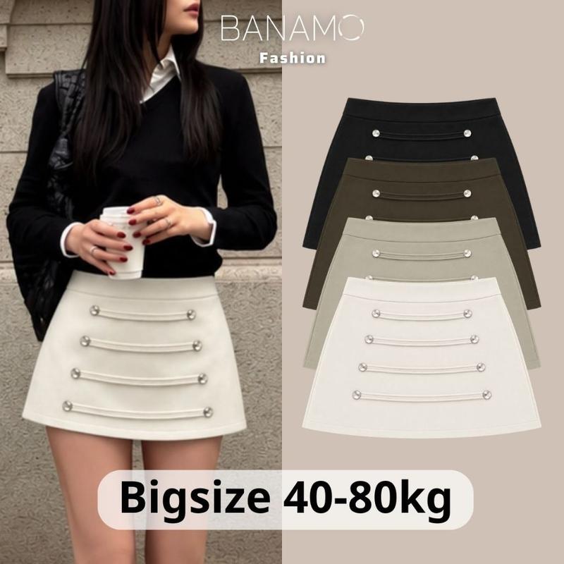 Combo 2 Chân váy nữ BIGSIZE Banamo Fashion chữ A cạp cao đính cúc bạc phong cách preppy chất kaki Nhật 586
