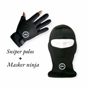 Paket Motoran Sarung Tangan Dan Masker Topeng Balaclava Hitam Polos Pria Dewasa