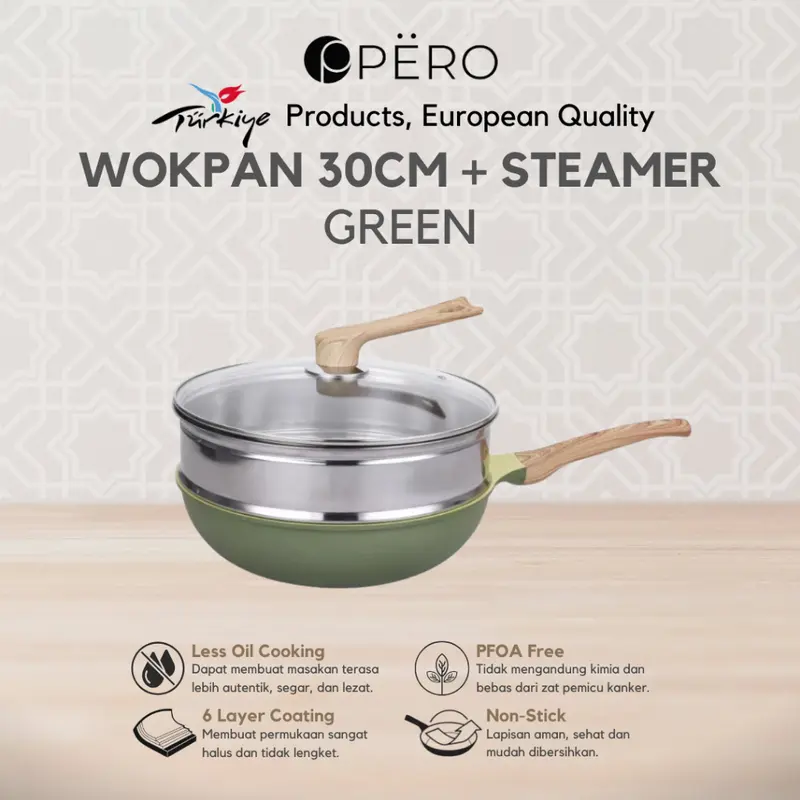 [Exclusive Mak San] Pero Wok Pan 30cm with Glass Lid Wooden Handle Biogranite Non Stick / Wajan Penggorengan Ukuran 30cm dengan Tutup Kaca Handle Kayu Anti Lengket Kitchenware 5