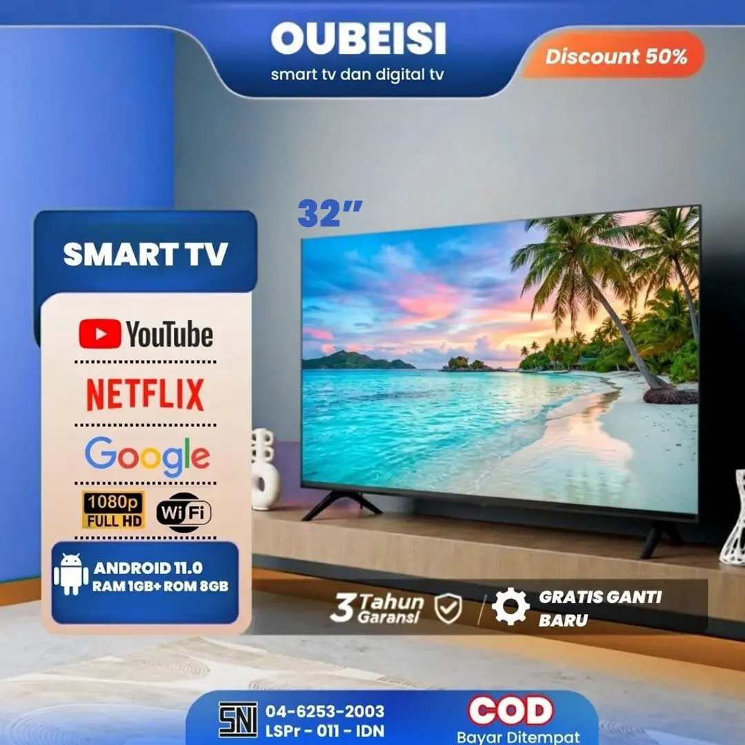 OUBEISI TV Smart 32/43inch LED Android Televisi Garansi 3 Tahun W32C Resmi 3 Tahun 2 Speaker Internal HDMI VGA USB 2 Speaker Internal Sistem Hemat Energi Cerdas