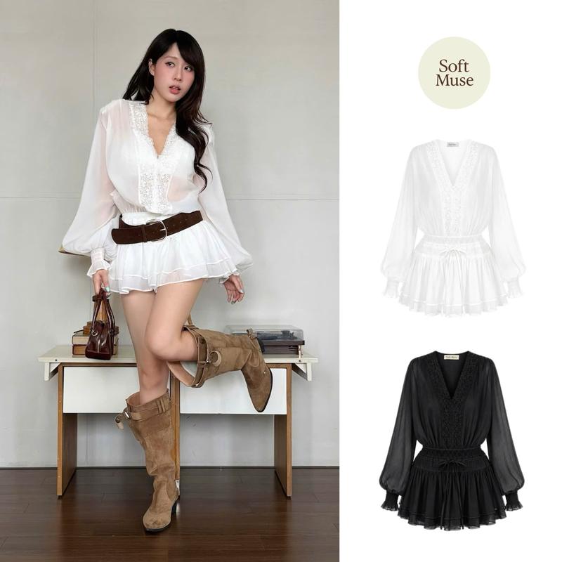 SOFTMUSE - Đầm voan SALLY phối ren thời trang nữ ( Kèm áo ống + quần bảo hộ)