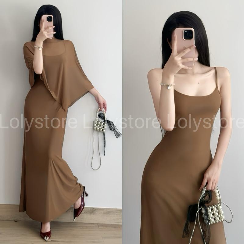 ( CÓ BIGSIZE )Set đầm body nữ 2 món đầm hai dây dáng dài phối áo choàng voan mỏng mềm rủ sang trọng Lolystore dress women NH467