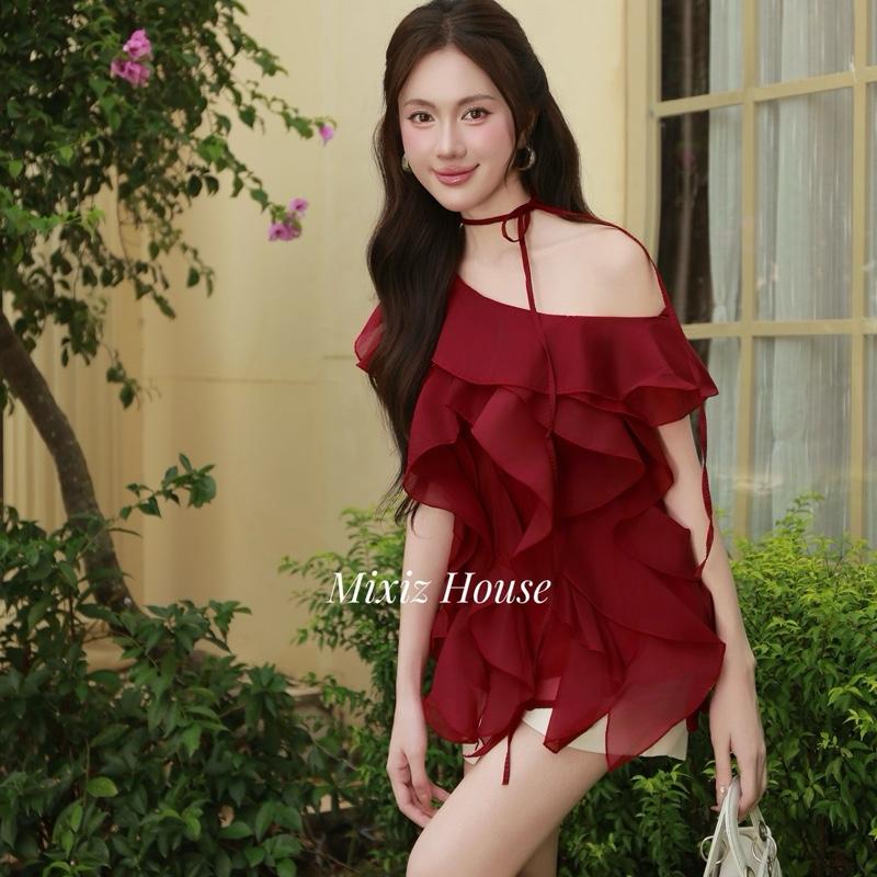  Mixiz House Áo Trễ Vai Tua Rua Chất Tơ Cao Cấp Phong Cách Hàn Quốc Trendy Màu Kem Tinh Tế & Màu Tím Sang Trọng Size S M L XL 2XL 
