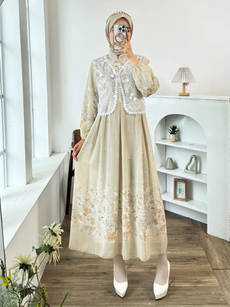 GLAMO.ID - M YD 50K Evani Dress Wanita Longsleeve Lengan Balon Outer Vest Dress Panjang 128cm TB 155cm
