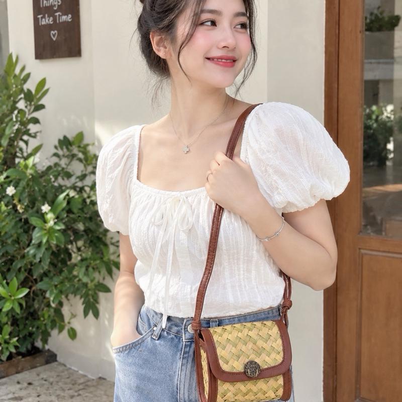 Túi đeo chéo cỏ bàng viền da có cúc gáo dừa - Túi xách nữ handmade - Nữ