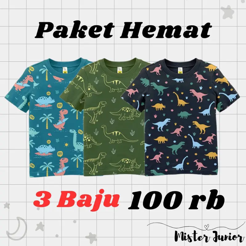 100 ribu dapat 3 Kaos Anak Fullprint Dino Series 1-8 Tahun Distro