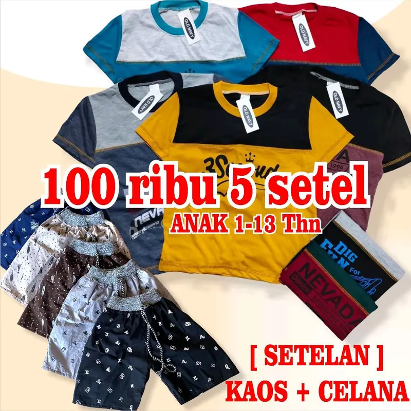 Setelan Anak Laki laki 100 Rb dapat 5 setelan  Celana Motif dan kaos Fashion 0