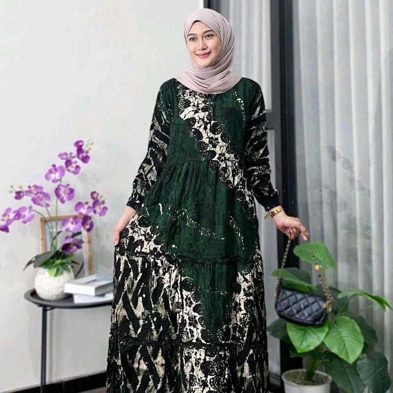 Zaneera Batik - Gamis Twill Ori Cap Malaman Pekalongan Rayon Premium Tebal Berkualitas Motif Tiara Series Dress Muslim Wanita Terbaru Model Susun Rempel Karet Nyaman Lembut 7