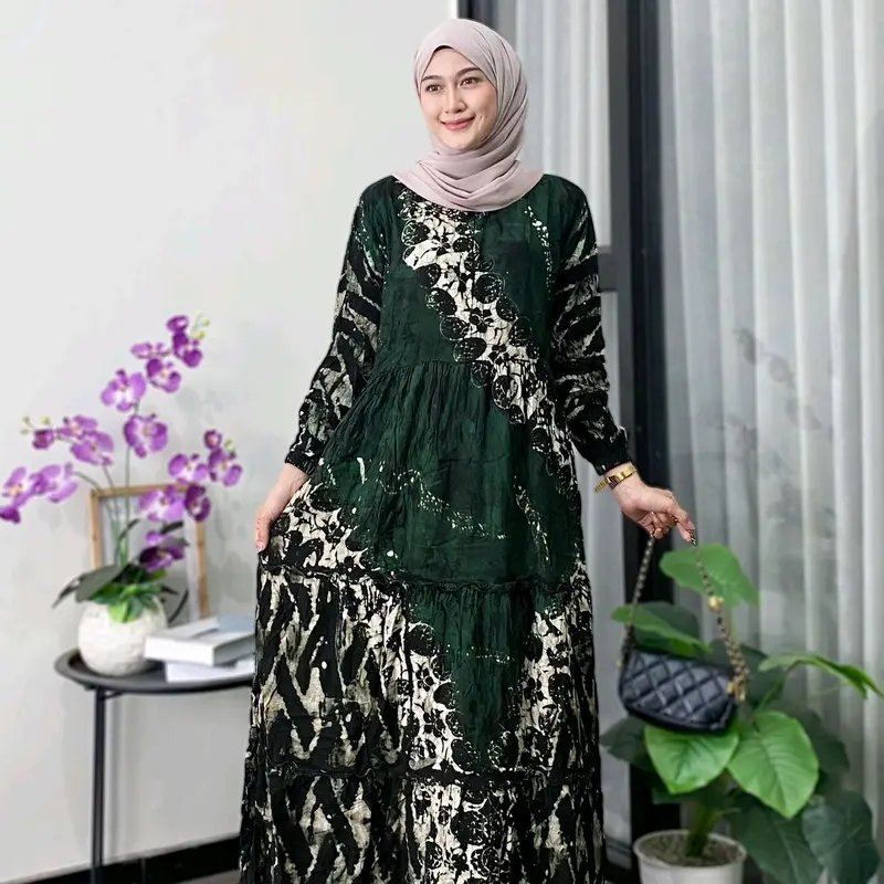 Zaneera Batik - Gamis Twill Ori Cap Malaman Pekalongan Rayon Premium Tebal Berkualitas Motif Tiara Series Dress Muslim Wanita Terbaru Model Susun Rempel Karet Nyaman Lembut 6