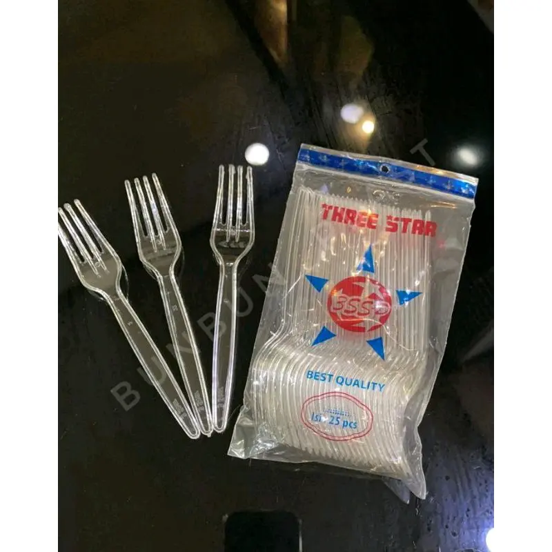 Garpu Makan Plastik THREE STAR Bening isi 25 pc