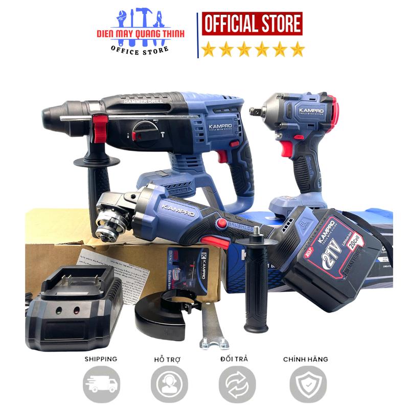 ComBo KAMPRO Máy Mài K96100PRO Máy Siết Bulong K888 Khoan Bê Tông K9626 Kèm Pin 20Cell Sạc - Động Cơ Không Chổi Than Chân Pin Phổ Thông