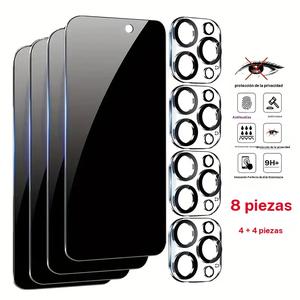 Set de Protector de Pantalla de Vidrio Templado con Privacidad 8 en 1 para Iphone 11/13/14/16/15 Pro Max 14 Pro Max - 4 PCS con 4 PCS Protectores de Lente de Cámara