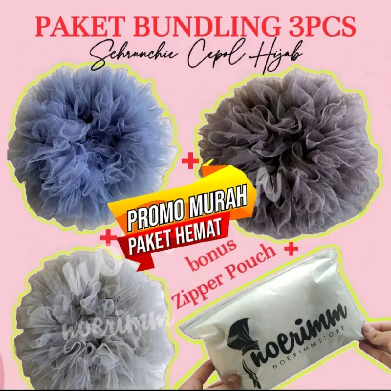 Paket Bundling 3pcs Schrunchie Tile Cepol noerimm Karet Wanita [BONUS ZIPPER POUCH] 0