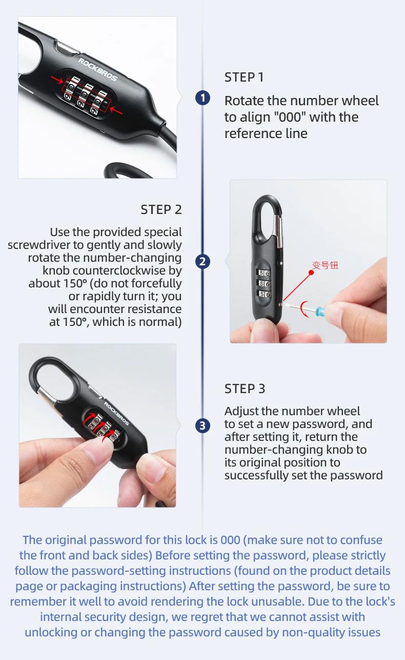 Product Introduction of ROCKBROS Bicycle Lock Portable Anti-theft Safety Password Steel Cable Chain Security Password 3 Digit Lock Helmet Lock Accessory 29