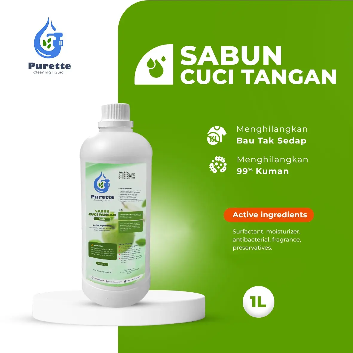 Sabun Cuci Tangan Antiseptik HAND SOAP PURETTE 1000mL / 1 Liter | Handwash Antibacterial & Moisturizing